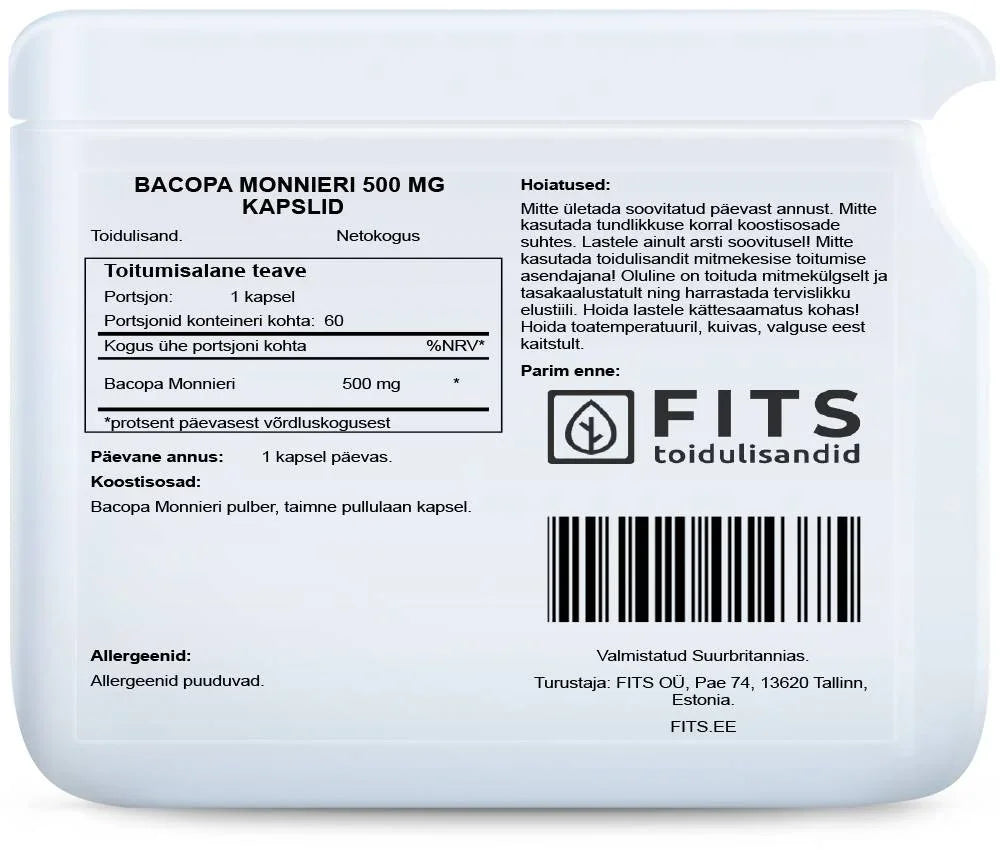 Bacopa Monnieri 500mg 60 capsules - FITS Dietary Supplements