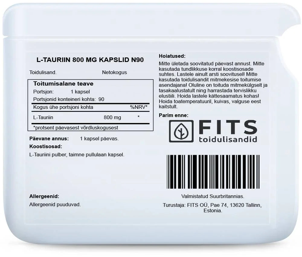 L-Taurine 800mg 90 capsules - FITS Dietary Supplements