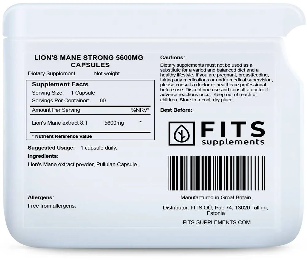 Lion's Mane Strong 5600mg 60 capsules - FITS Dietary Supplements