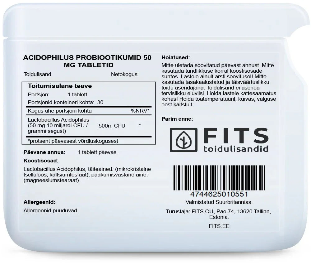 Lactobacillus Acidophilus 50mg 30 tablets - FITS Dietary Supplements