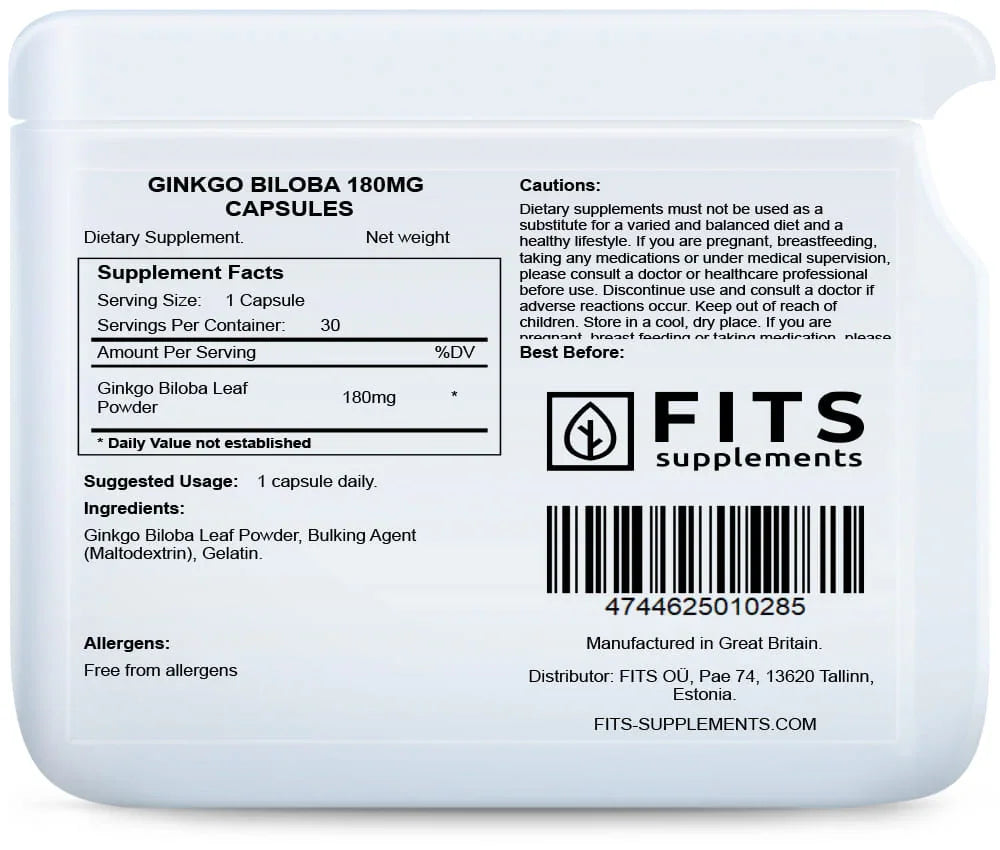 Ginkgo Biloba 180mg 30 capsules - FITS Dietary Supplements