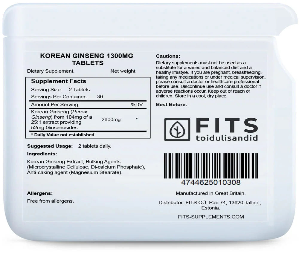 Korean Ginseng 1300mg 60 tablets - FITS Dietary Supplements