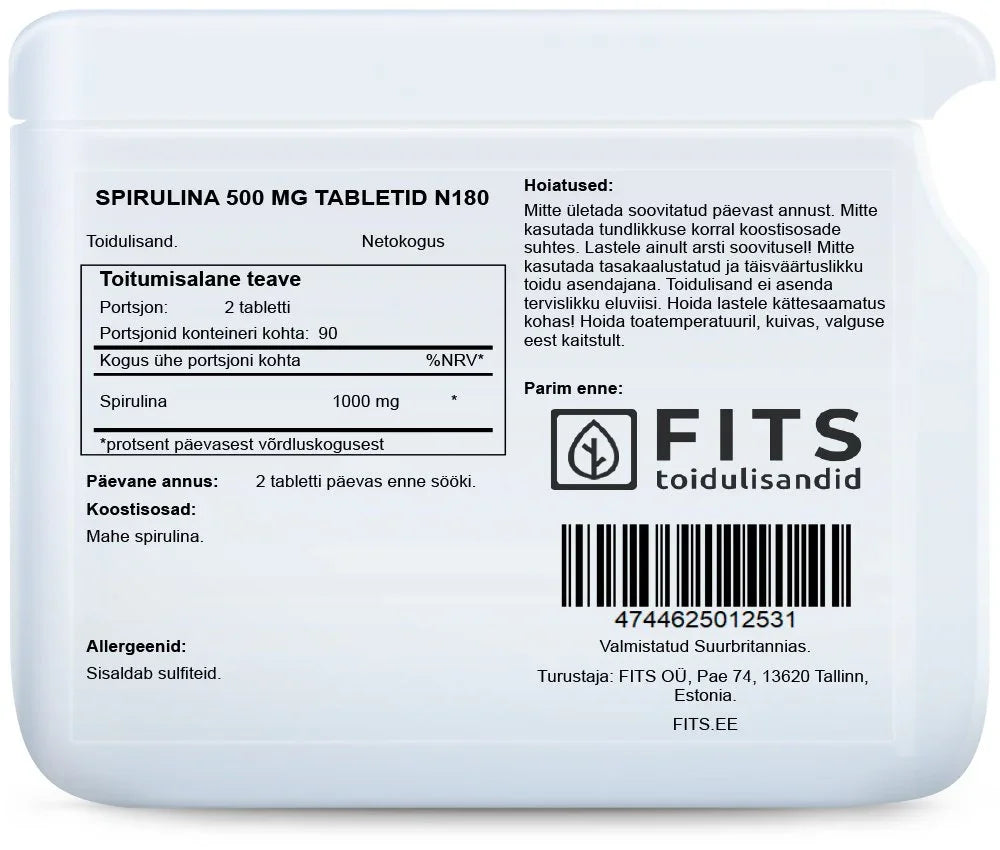 Spirulina 500mg 180 tablets - FITS Dietary Supplements