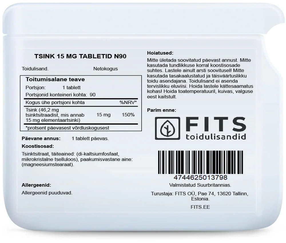 Zinc 15mg 90 tablets - FITS Dietary Supplements